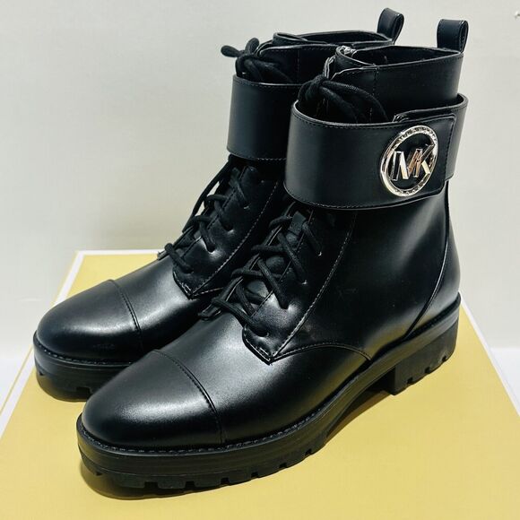 Michael Kors Tatum US 9.5M Combat Boots Black Faux Leather Ankle Zip NIB $225 - Picture 3 of 13